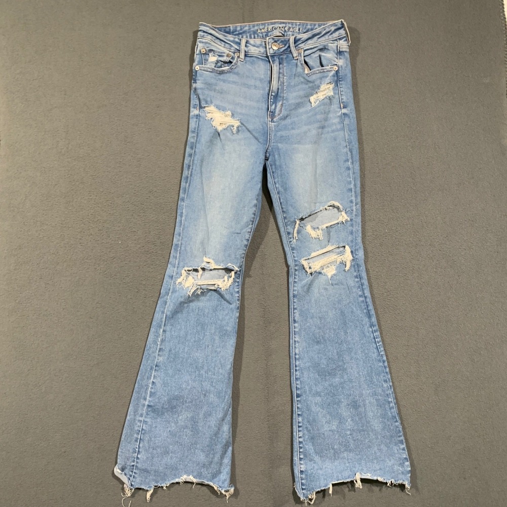 American Eagle Flare Jeans Womens 8 Super Hi-Rise Distressed Light Wash Boho